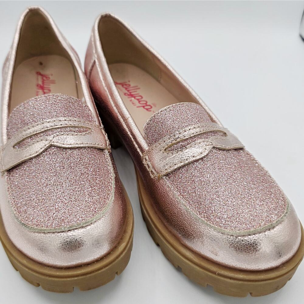 Rose Gold Metallic Glitter Jellypop Penny Loafers / Kids Size 2